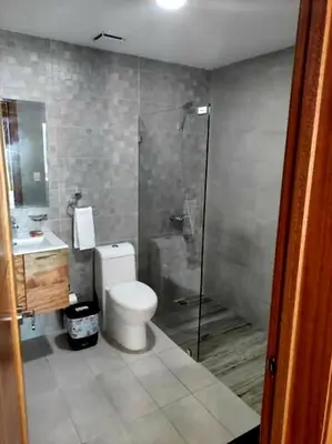 a bathroom with a shower and a toilet and a sink at Miraculus Penthouse With Private Jacuzzi in Santo Domingo