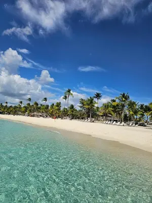 a beach with chairs and palm trees and the ocean at Romana Residence Vacationing Apartment in Cumayasa Kilómetros Diez