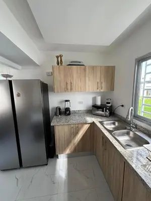 a kitchen with wooden cabinets and a stainless steel refrigerator at Villa Carpe Diem in Punta Cana