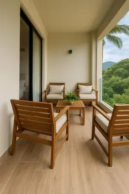 a room with two benches and a large window at Marien Residences 221 Garden & Partial Ocean View Condo in Puerto Plata