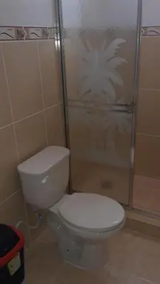 a bathroom with a toilet and a shower at Apartamentos Nuevo Amanecer in Río San Juan