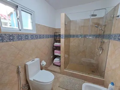 a bathroom with a shower and a toilet and a sink at Apartamentos Cayuco 28 in La Laguna