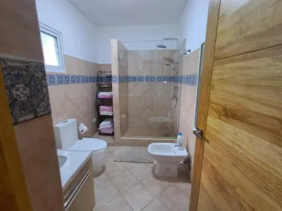 a bathroom with a toilet and a shower and a sink at Apartamentos Cayuco 28 in La Laguna