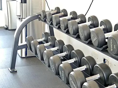 a row of dumbbells on display in a gym at Suite Panorama in Colorado