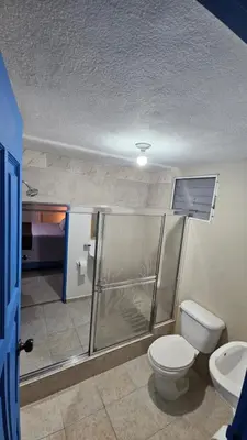 a bathroom with a shower and a toilet and a sink at Nido de amor in Jarabacoa