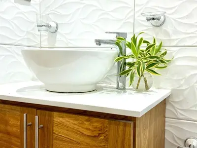 a bathroom sink with a plant on a counter at Luperon Cerca del Mar in Colorado