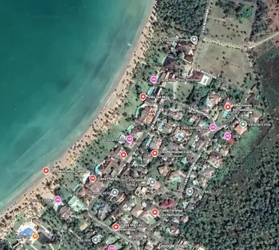 a map of a beach with red circles at Nomadas 5 bdrs villa with private pool 2nd line to beach in Las Terrenas