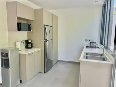 a kitchen with a sink and a refrigerator at Villa Hazel in Las Terrenas