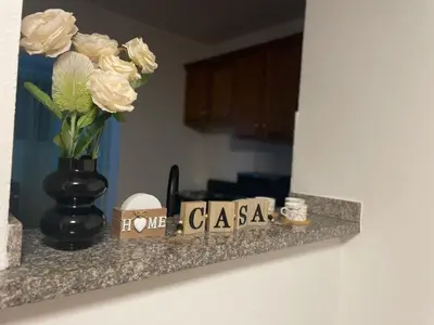 a black vase with white flowers on a counter at Modern 3-bedroom apartment in a gated residential community in Concepción de La Vega