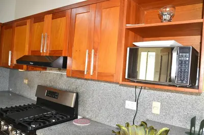 a kitchen with a microwave oven and a stove at Comfortable Apartment, Torre Alta in San Felipe de Puerto Plata