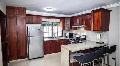 a kitchen with wooden cabinets and a stainless steel refrigerator at Penthouse in Santo Domingo