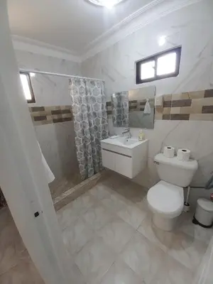 a white bathroom with a toilet and a sink at Casa Petter og Maria first floor in Santiago de los Caballeros