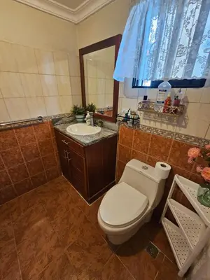 a bathroom with a toilet and a sink and a mirror at Villa Mila en Santo Domingo in Los Tres Ojos de Agua