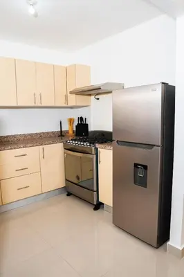 a kitchen with a stainless steel refrigerator and cabinets at vacation apartment BANI PERAVIA in Boca Canasta