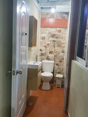a bathroom with a toilet and a stone wall at Constanza Family House in Constanza