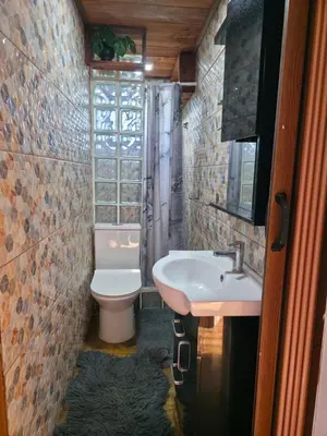 a small bathroom with a sink and a toilet at Casa vista hermosa in Camú