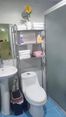 a bathroom with a white toilet and a sink at The Colonial Corner in Colorado