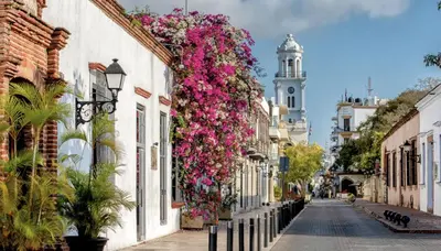 a street with flowers on the side of buildings at Colonial Home with Private Terrace and Jacuzzi in Santo Domingo