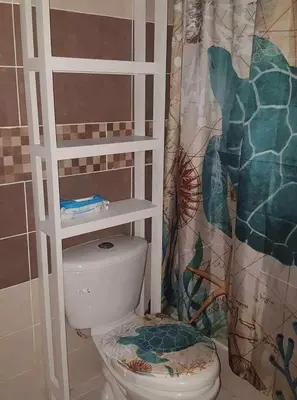 a bathroom with a toilet and a shower curtain at Private studio apartment with eat in kitchen in Bayahibe