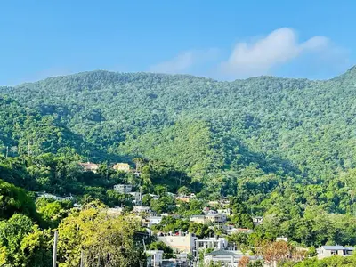 a view of a mountain with houses and trees at Sabor Latino Apartment in San Felipe de Puerto Plata