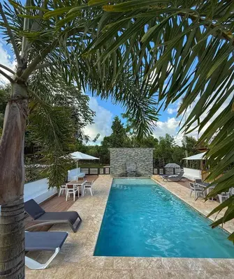 a swimming pool with chairs and a palm tree at Villa refugio de paz in Bayaguana