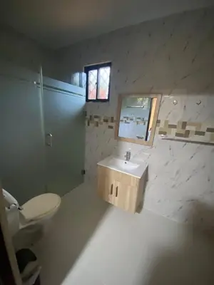 a bathroom with a sink and a toilet and a mirror at La Ureña House in La Ureña