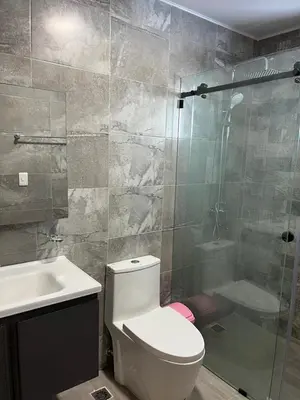 a bathroom with a toilet and a shower and a sink at Residencial Torre del Atlantico in Puerto Plata