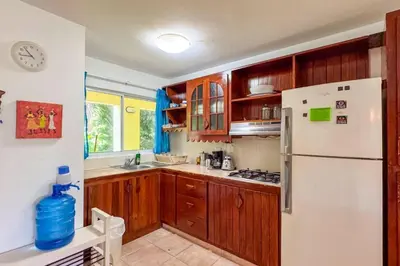 a kitchen with wooden cabinets and a white refrigerator at Renaissance Residence Cabarete in Cabarete