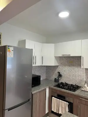 a kitchen with white cabinets and a stainless steel refrigerator at Cozy Santo Domingo Apartment in San Isidro in Juan López