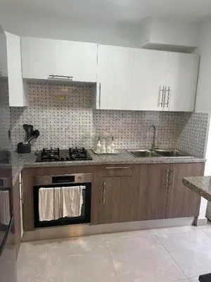a kitchen with white cabinets and a stove and a sink at Cozy Santo Domingo Apartment in San Isidro in Juan López