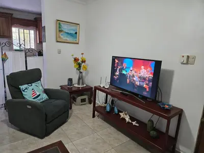 a living room with a chair and a flat screen tv at Garden II in Boca Chica