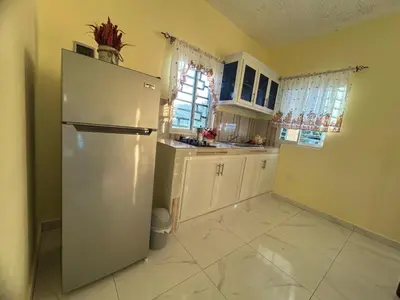 a kitchen with a refrigerator and white cabinets at Apartamentos-Oliver in Las Galeras