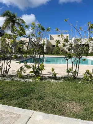 a swimming pool with trees in front of a house at Villa Medrano