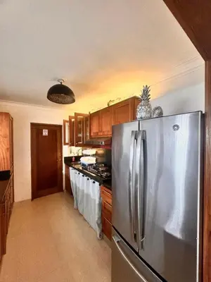 a kitchen with a stainless steel refrigerator and wooden cabinets at Malecón view mar apartment in Colorado