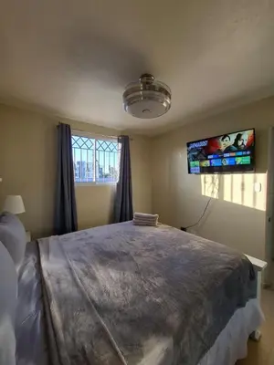 a bedroom with a large bed and a tv at Las Palmas in Santiago de los Caballeros
