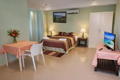 a bedroom with a bed and a table and a television at Hotel Don Michele in Boca Chica