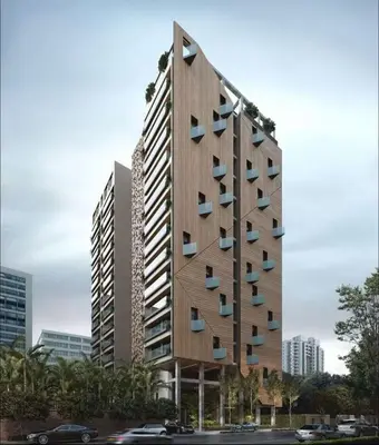 a tall building with balconies on the side of it at Luxury 2-Bed Condo in Piantini Sauna, Gym, & Pool in Santo Domingo