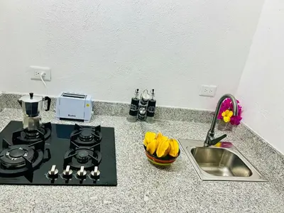 a kitchen counter with a stove and a sink at La Cabañita de Jardín del Coco in Las Galeras