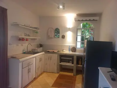 a kitchen with a sink and a refrigerator at Rose&mary in Las Terrenas