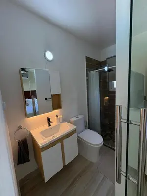 a bathroom with a sink and a toilet and a shower at Boca paraiso in Boca Chica