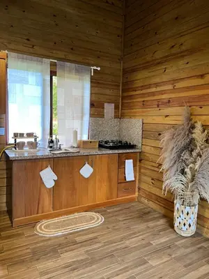 a kitchen with a counter in a wooden cabin at Estaciones de Jarabacoa-Mountain Lodge in Jarabacoa
