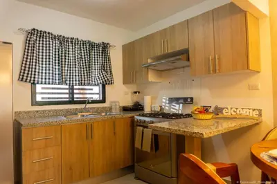 a kitchen with wooden cabinets and a granite counter top at Apartamento Ensanche Isabelita cercano Avenida España in La Viva