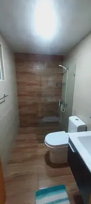 a bathroom with a toilet and a shower and a sink at Cozy & Charming in Santo Domingo