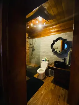 a bathroom with a shower and a toilet in a room at Villa el privilegio in Jarabacoa