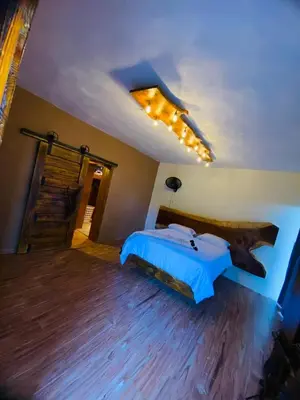 a bedroom with a bed and a ceiling with lights at Villa el privilegio in Jarabacoa