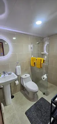 a bathroom with a toilet and a sink and a shower at Rob's Place in Mendoza