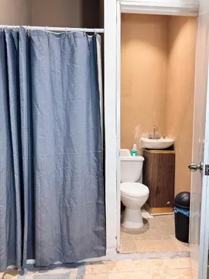 a bathroom with a toilet and a shower curtain at Habitaciónes suite 10 min del Monumento & Agora Mall in Santiago de los Caballeros