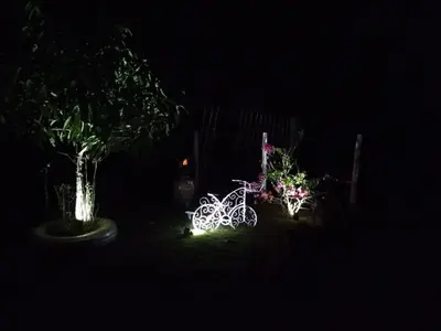 a garden with a bike with lights in the dark at Mi casita de Campo en Bayaguana in Bayaguana
