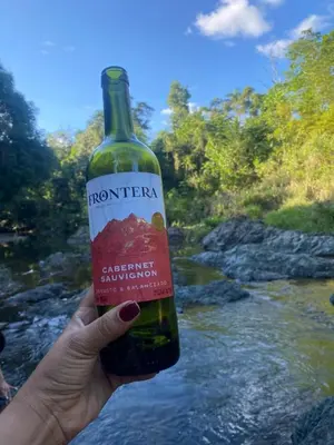 a hand holding a bottle of wine next to a river at Casita de Campo VIVE in Pedro Brand