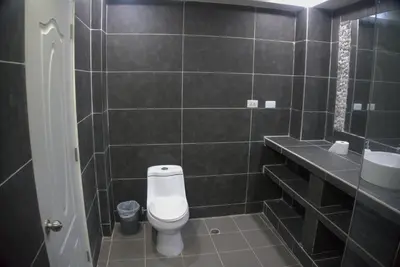 a black tiled bathroom with a toilet and a sink at Villa Emili in Las Terrenas